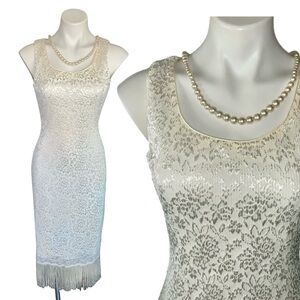 v i n t a g e :: Floral Lace Mesh Fringe Embroidered Party Dress NOS